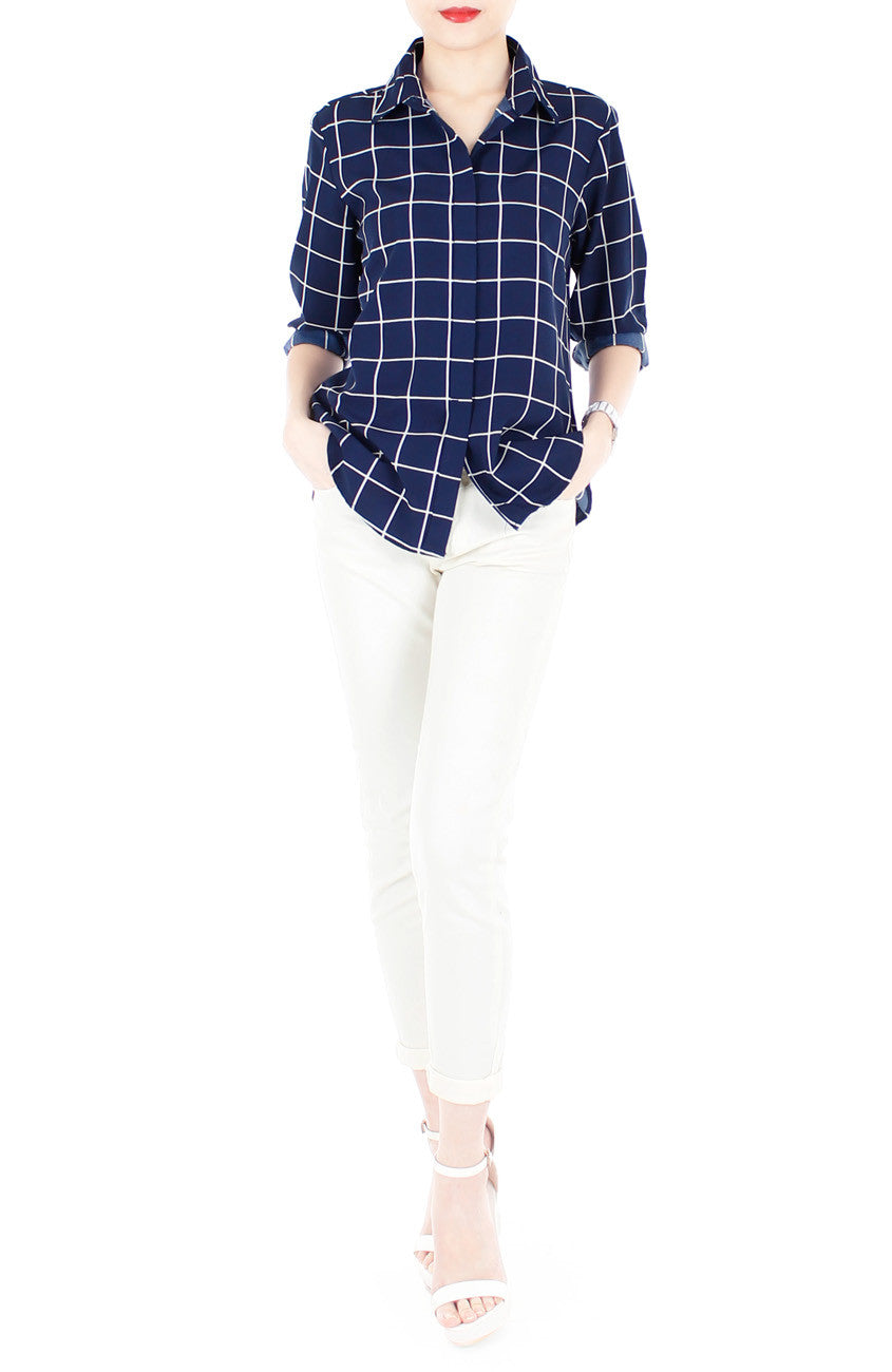 Quest to Success Grid Long Sleeve Shirt - Dark Blue