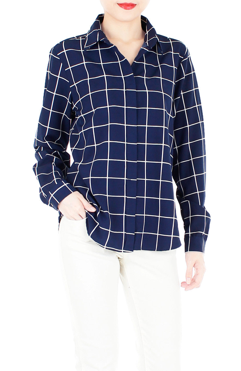 Quest to Success Grid Long Sleeve Shirt - Dark Blue