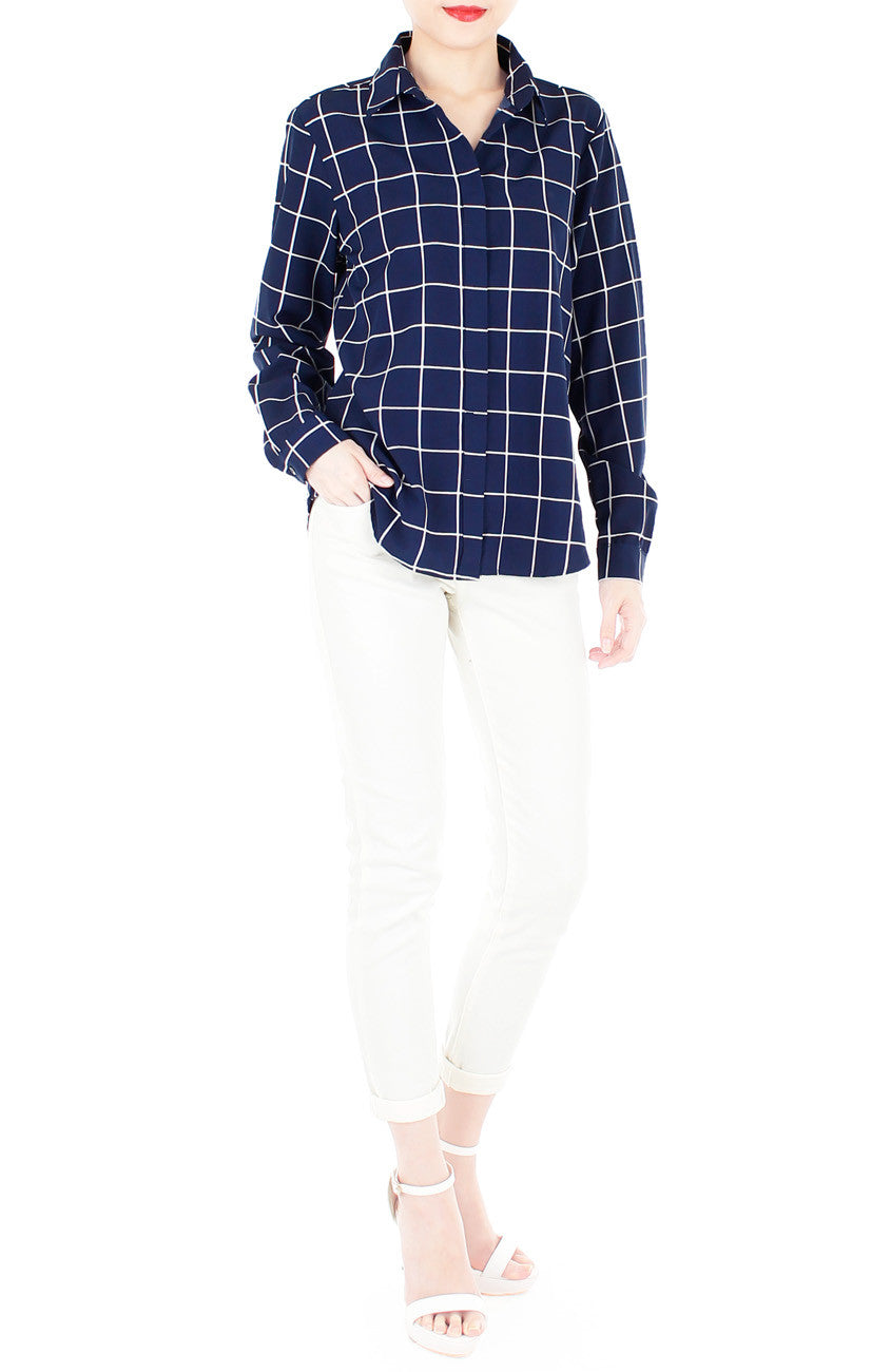 Quest to Success Grid Long Sleeve Shirt - Dark Blue