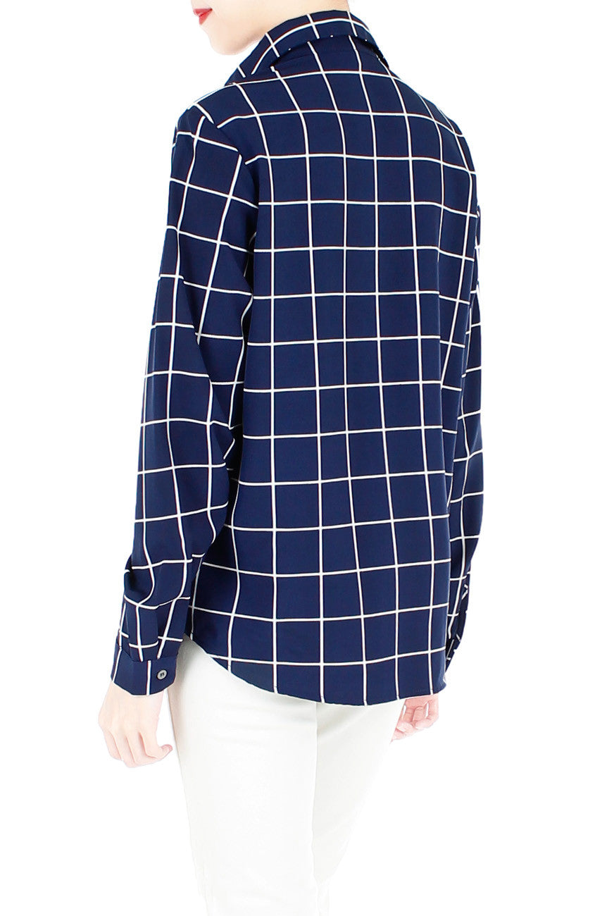 Quest to Success Grid Long Sleeve Shirt - Dark Blue