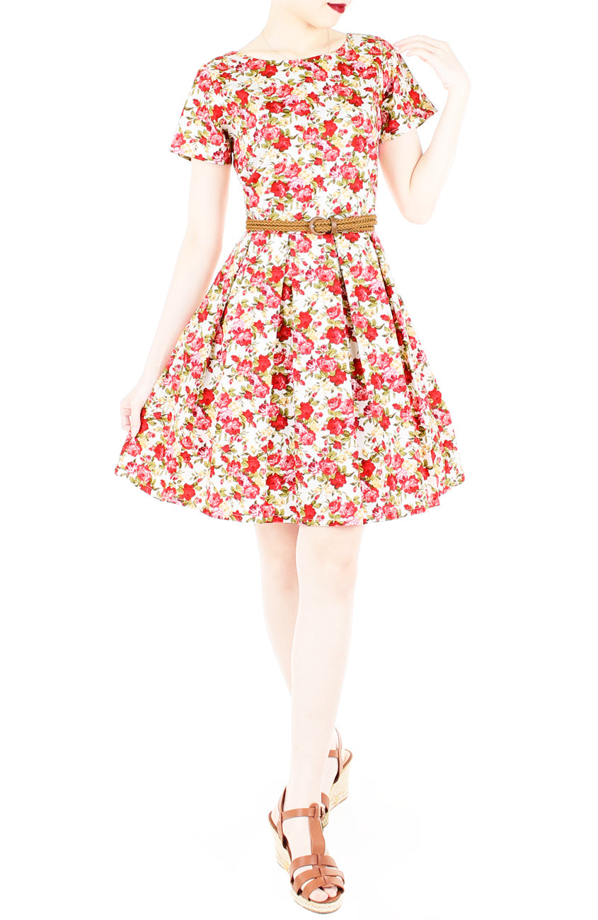 Red Roses Aflutter Flare Dress with Short Sleeves