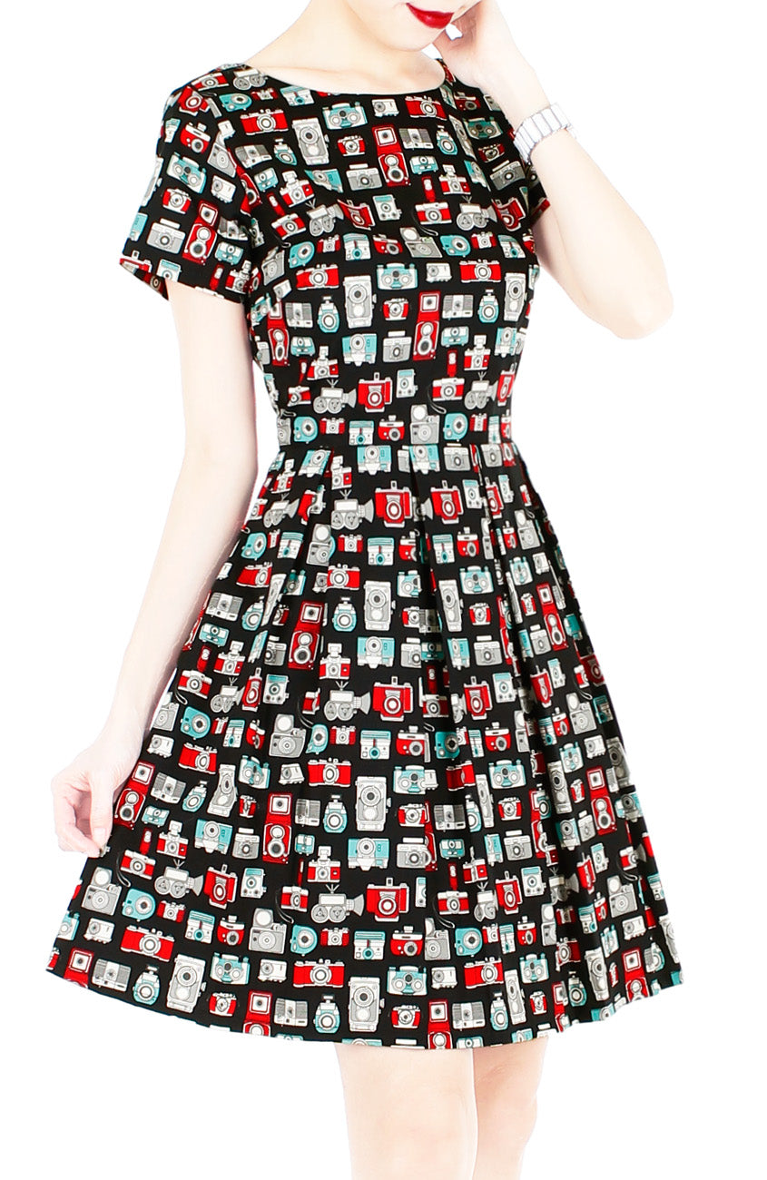 Retro Camera & Cassette Flare Dress with Short Sleeves