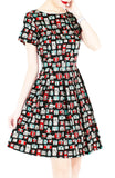 Retro Camera & Cassette Flare Dress with Short Sleeves