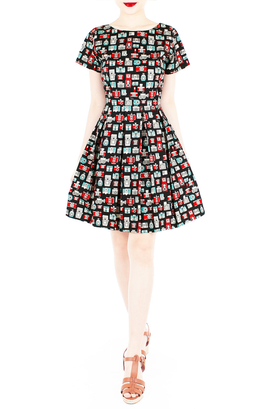 Retro Camera & Cassette Flare Dress with Short Sleeves