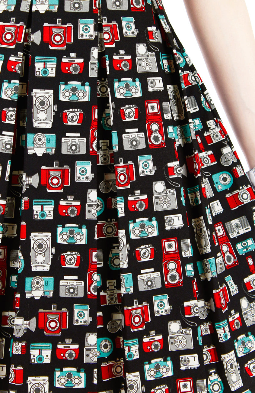 Retro Camera & Cassette Flare Dress with Short Sleeves