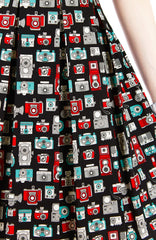 Retro Camera & Cassette Flare Dress with Short Sleeves