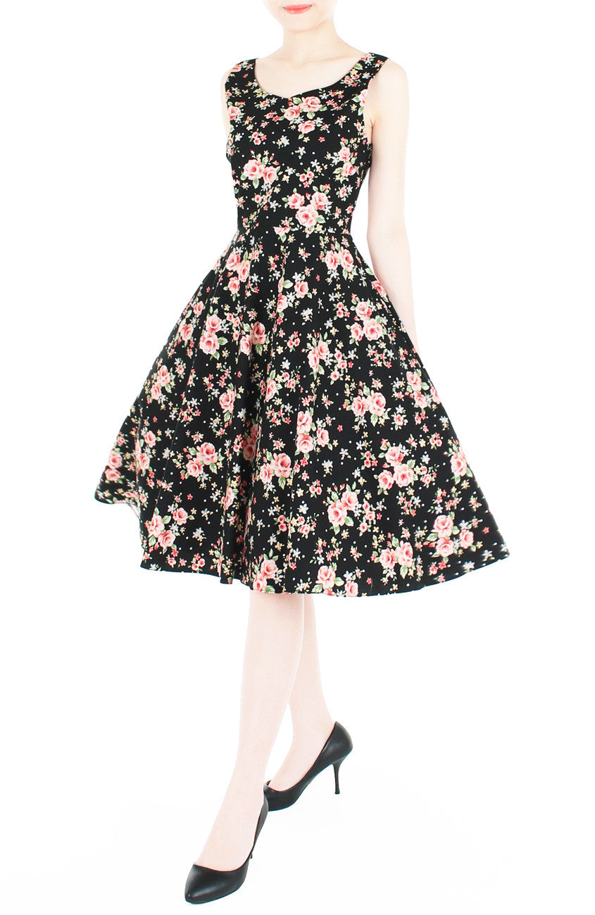 Riveting Rose Floral Flare Midi Dress - Black