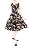 Riveting Rose Floral Flare Midi Dress - Black