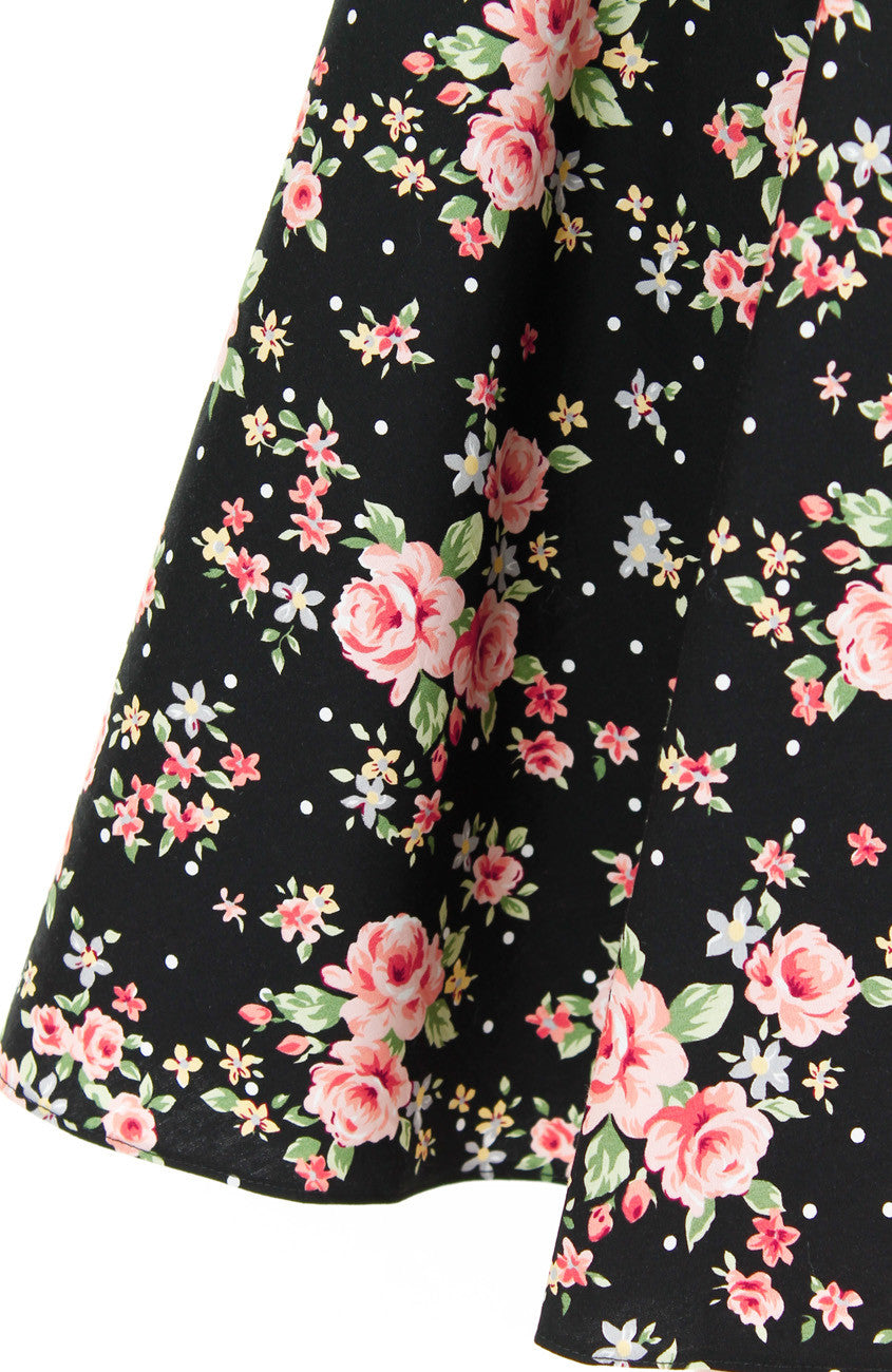 Riveting Rose Floral Flare Midi Dress - Black