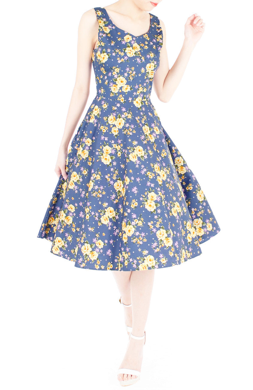 Riveting Rose Floral Flare Midi Dress - Carolina Blue