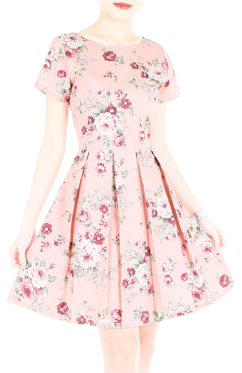 Romantic Resplendence Rose Flare Dress with Short Sleeves - Colonial Pink