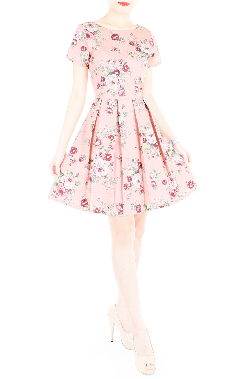 Romantic Resplendence Rose Flare Dress with Short Sleeves - Colonial Pink