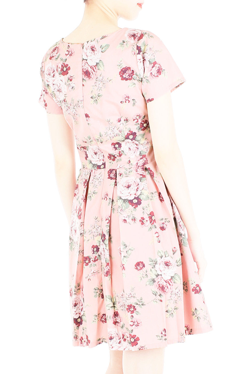 Romantic Resplendence Rose Flare Dress with Short Sleeves - Colonial Pink