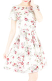 Romantic Resplendence Rose Flare Dress with Short Sleeves - Off White