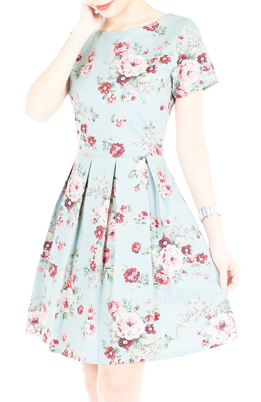 Romantic Resplendence Rose Flare Dress with Short Sleeves - Powder Blue