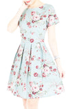 Romantic Resplendence Rose Flare Dress with Short Sleeves - Powder Blue