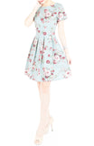 Romantic Resplendence Rose Flare Dress with Short Sleeves - Powder Blue