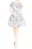 Romantic Resplendence Rose Flare Dress with Short Sleeves - Powder Blue