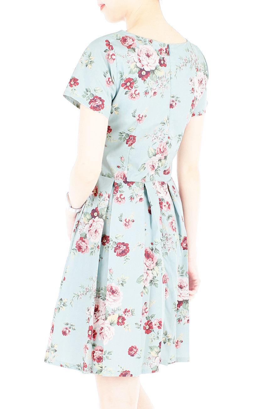 Romantic Resplendence Rose Flare Dress with Short Sleeves - Powder Blue