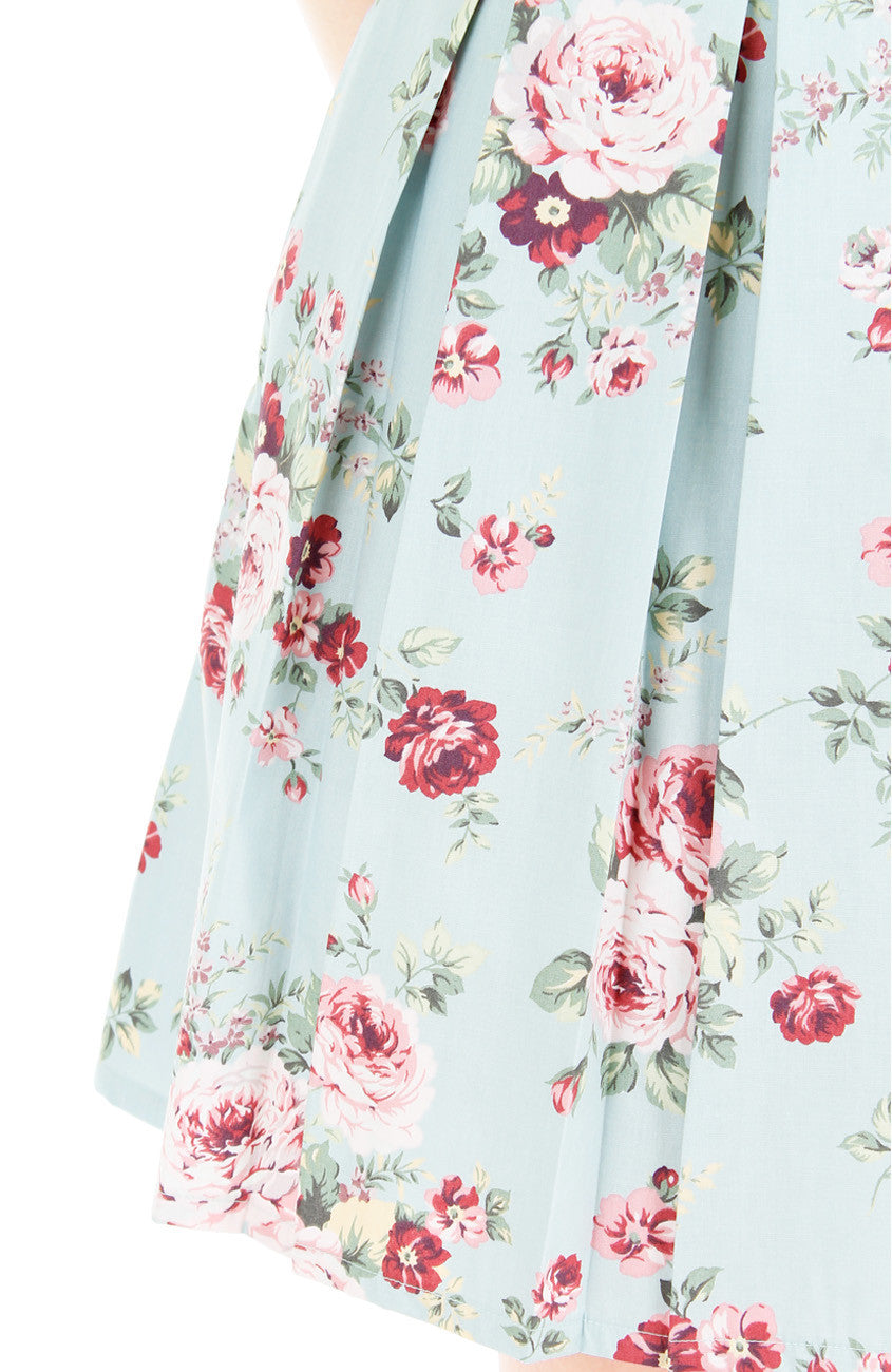 Romantic Resplendence Rose Flare Dress with Short Sleeves - Powder Blue