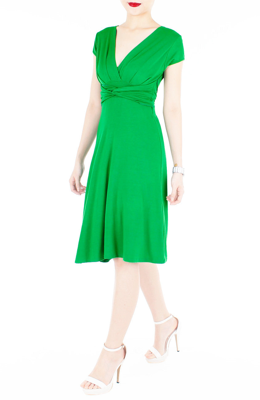 Romantic Knot Front Dress with Short Sleeves - Emerald Green