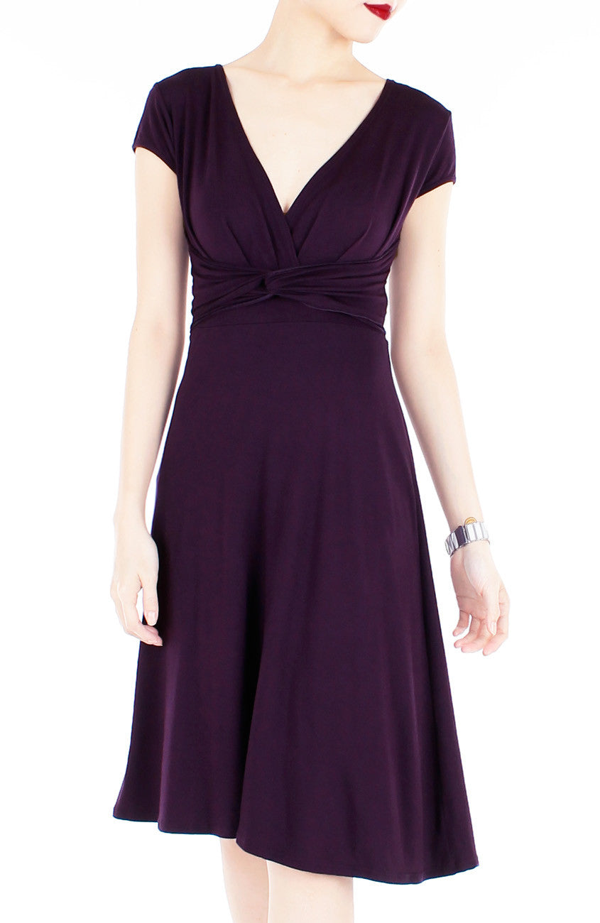 Romantic Knot Front Dress with Short Sleeves - Mulberry