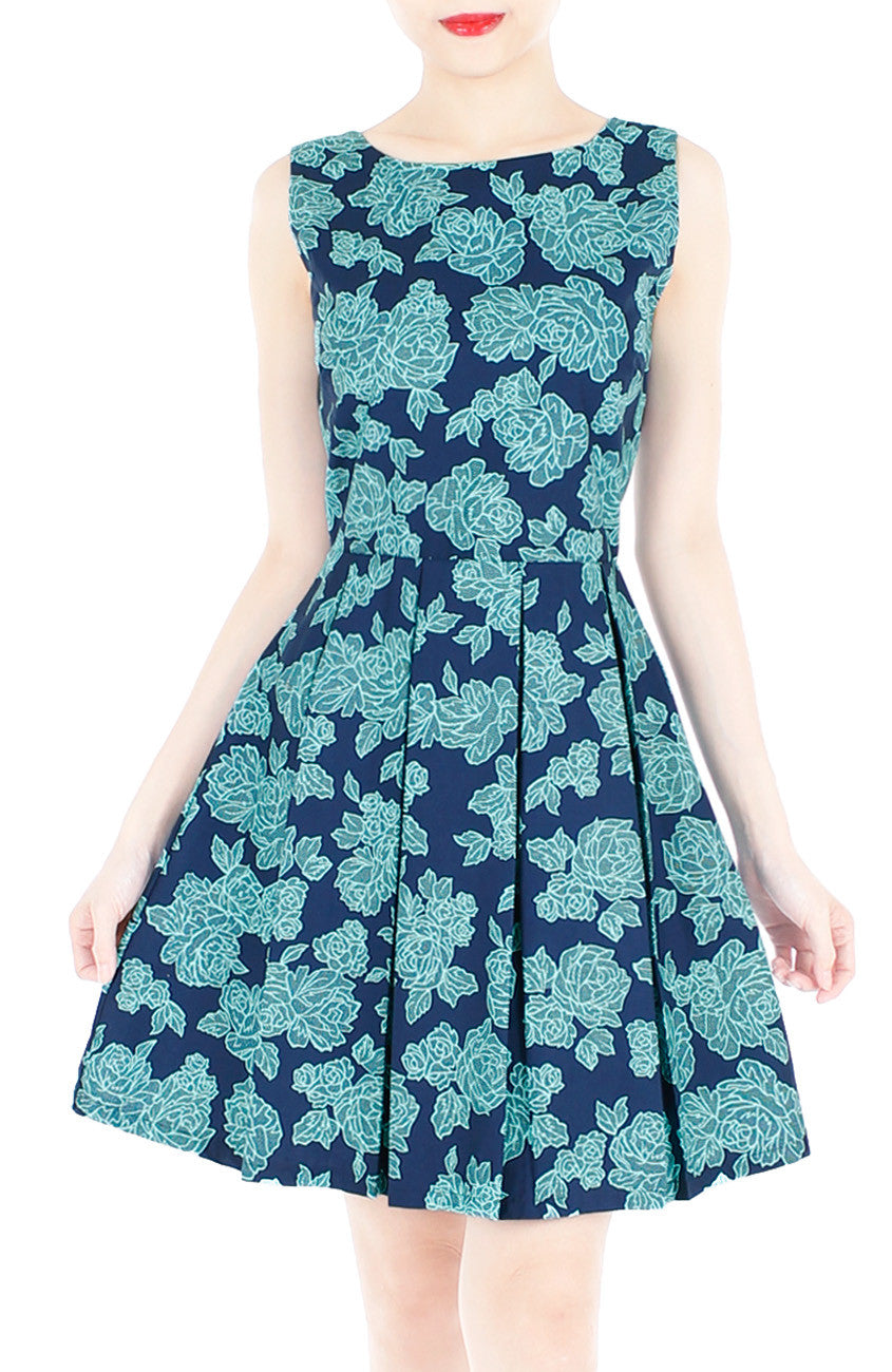 Rose Lattice Flare Dress - Blue