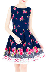 Rose Shower with Love Flare Dress - Dark Blue