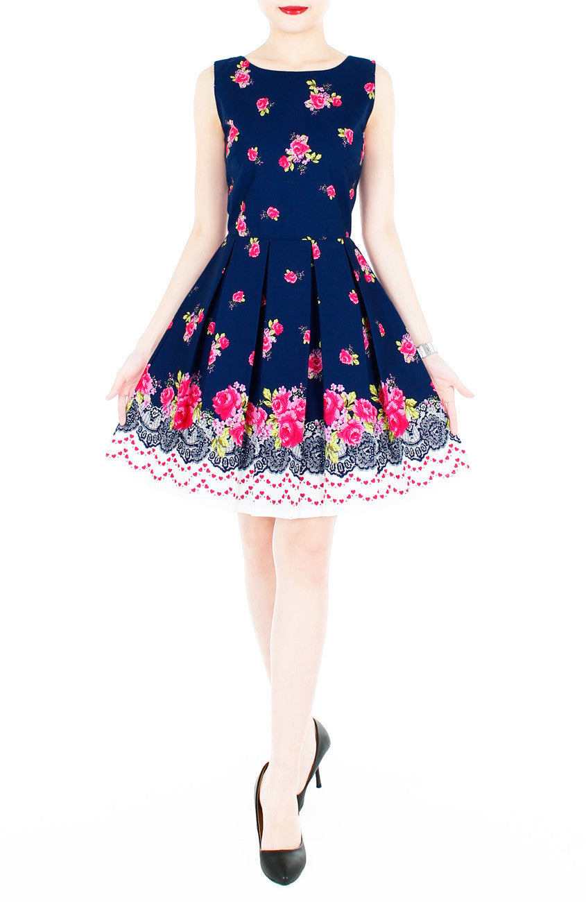 Rose Shower with Love Flare Dress - Dark Blue