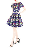 Rose & Radiance Flare Dress with Short Sleeves - Sapphire Blue