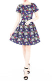Rose & Radiance Flare Dress with Short Sleeves - Sapphire Blue