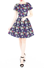 Rose & Radiance Flare Dress with Short Sleeves - Sapphire Blue