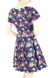 Rose & Radiance Flare Dress with Short Sleeves - Sapphire Blue