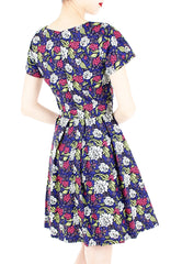 Rose & Radiance Flare Dress with Short Sleeves - Sapphire Blue