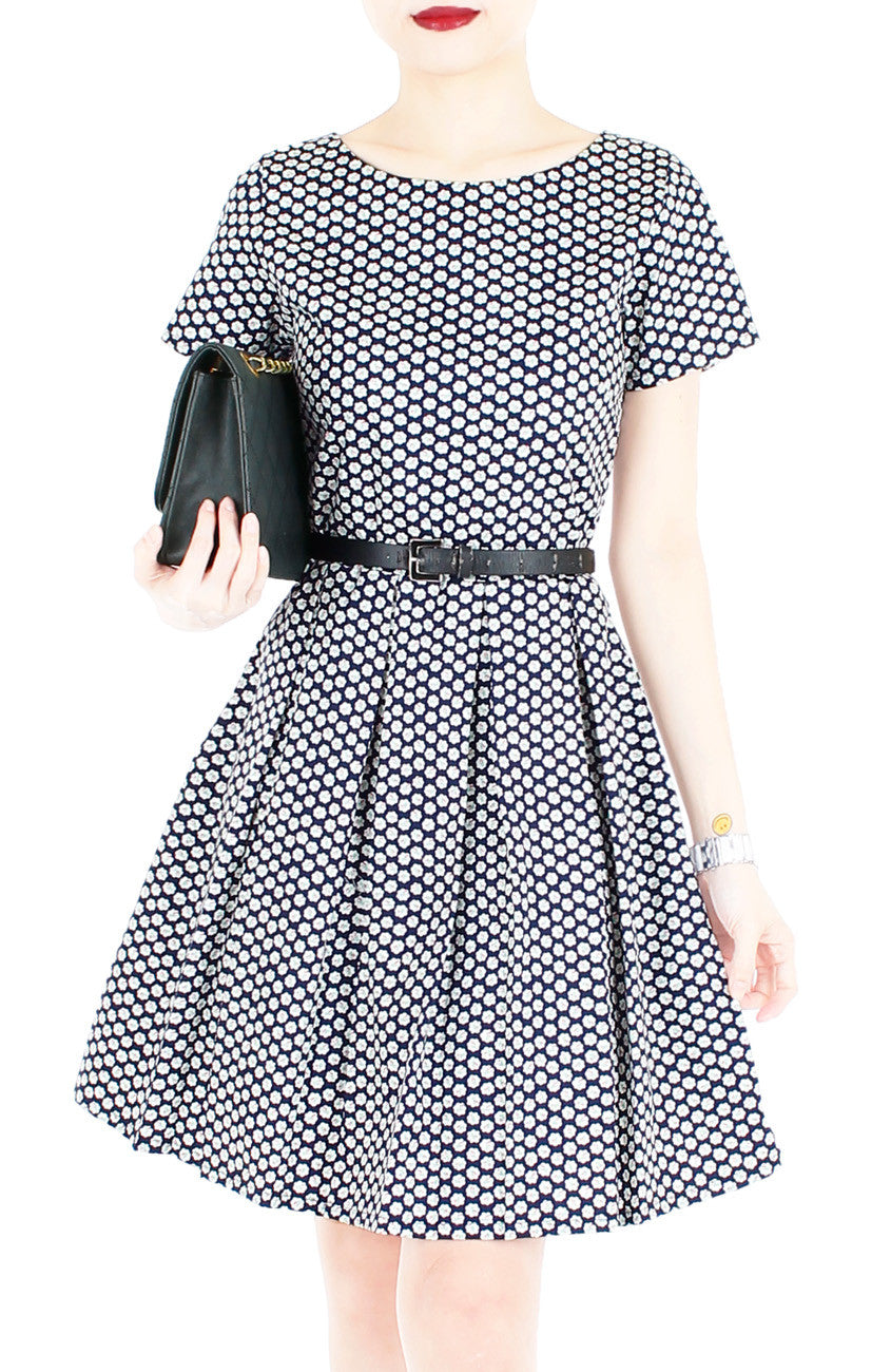 Rosette Doily Flare Dress with Short Sleeves - Ink Blue
