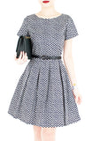 Rosette Doily Flare Dress with Short Sleeves - Ink Blue
