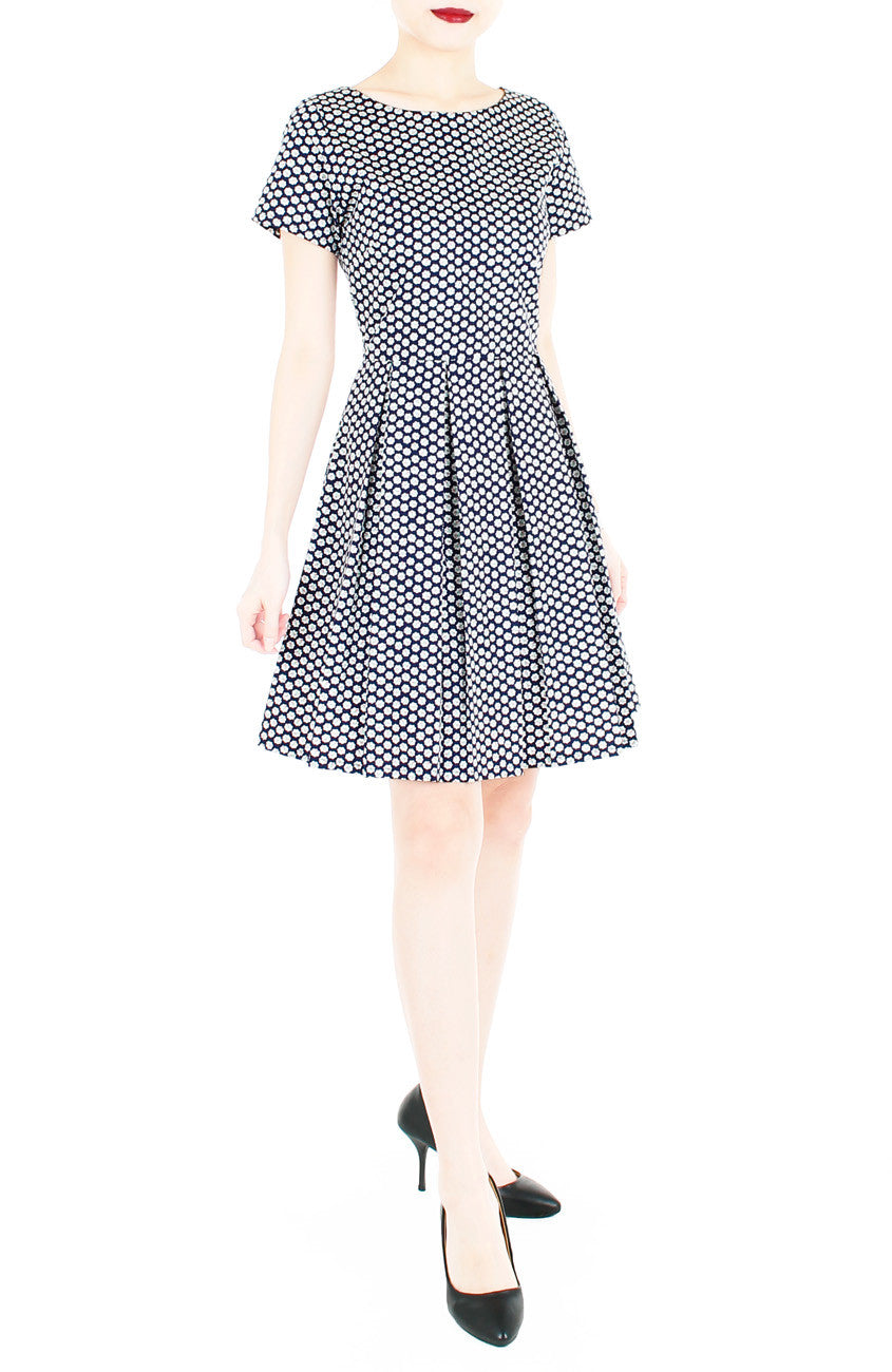 Rosette Doily Flare Dress with Short Sleeves - Ink Blue