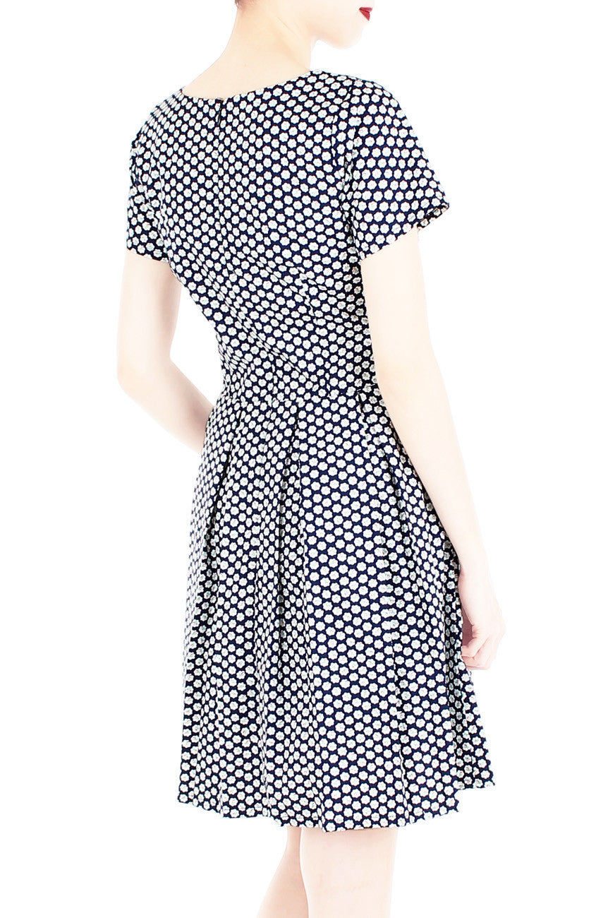 Rosette Doily Flare Dress with Short Sleeves - Ink Blue