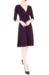 Romantic Knot Front Dress with ¾ Length Sleeves - Mulberry