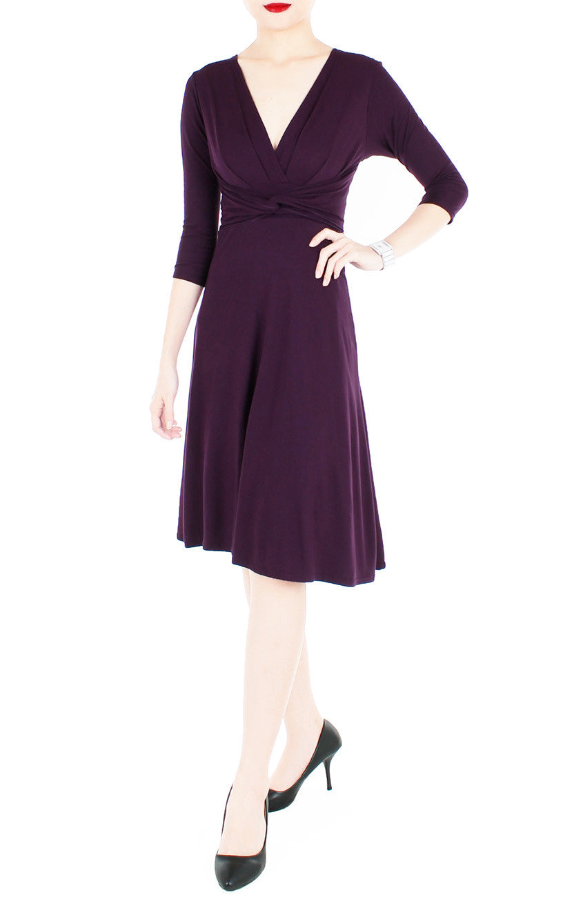 Romantic Knot Front Dress with ¾ Length Sleeves - Mulberry