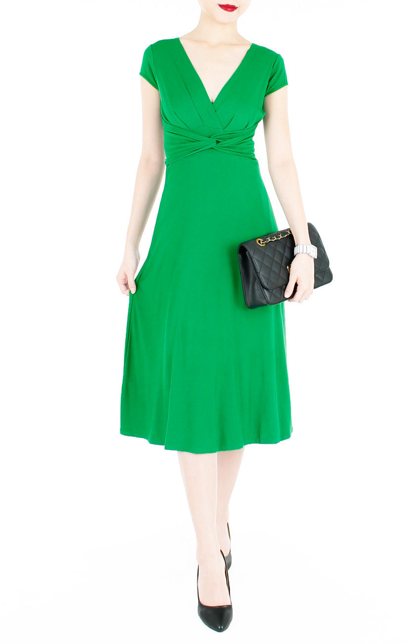 Romantic Knot Front Dress with Short Sleeves Midi Length - Emerald Green
