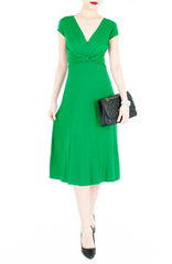 Romantic Knot Front Dress with Short Sleeves Midi Length - Emerald Green