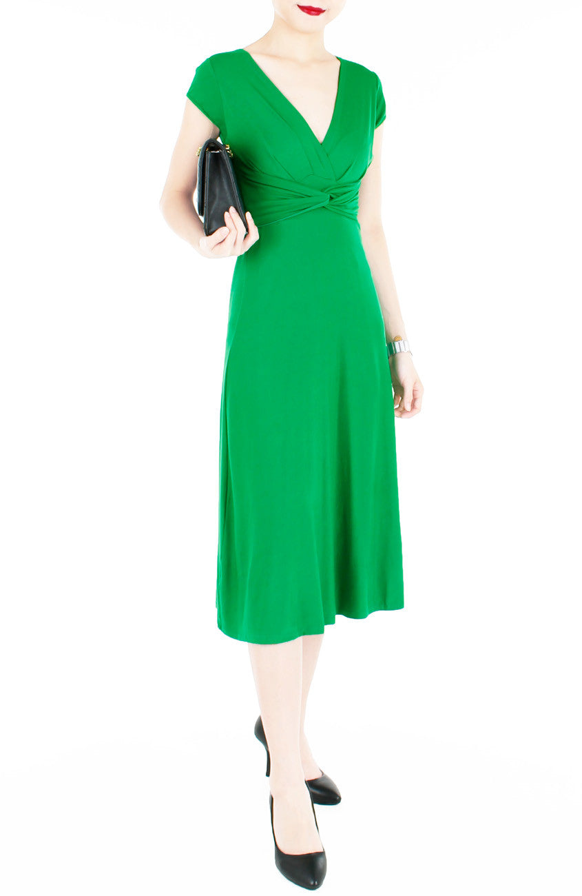 Romantic Knot Front Dress with Short Sleeves Midi Length - Emerald Green