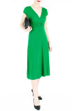 Romantic Knot Front Dress with Short Sleeves Midi Length - Emerald Green