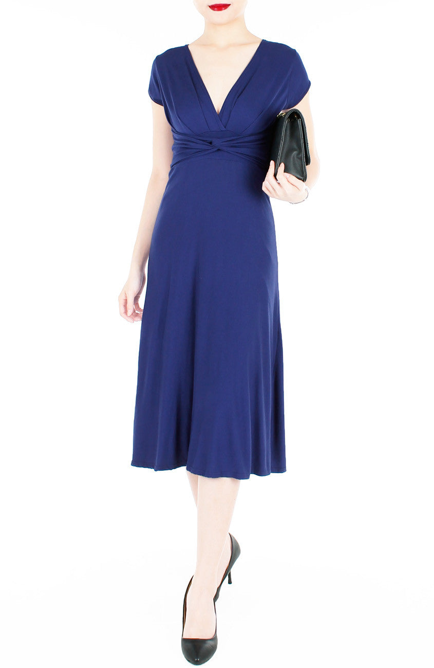 Romantic Knot Front Dress with Short Sleeves Midi Length - Monaco Blue