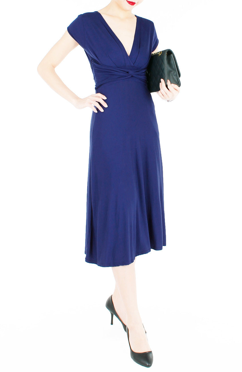 Romantic Knot Front Dress with Short Sleeves Midi Length - Monaco Blue