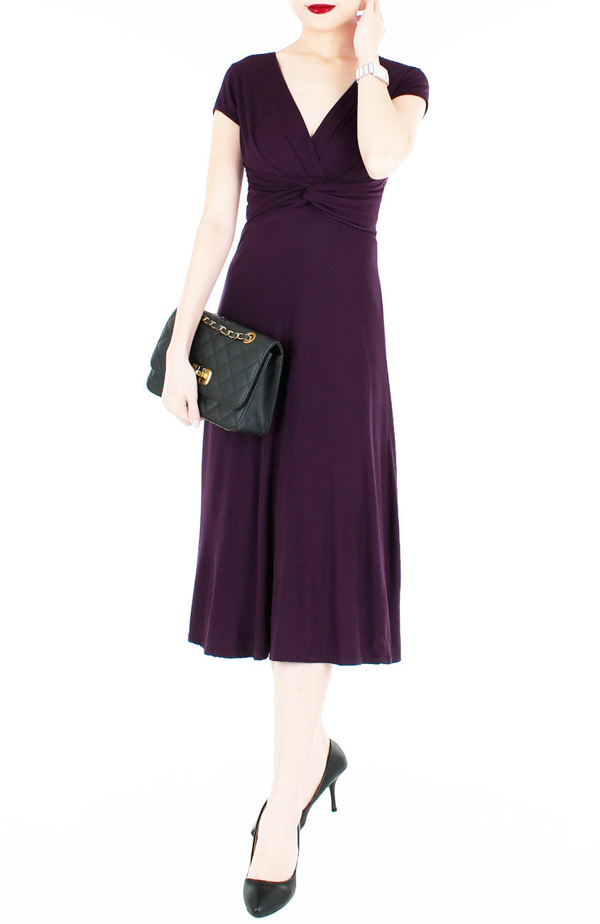 Romantic Knot Front Dress with Short Sleeves Midi Length - Mulberry
