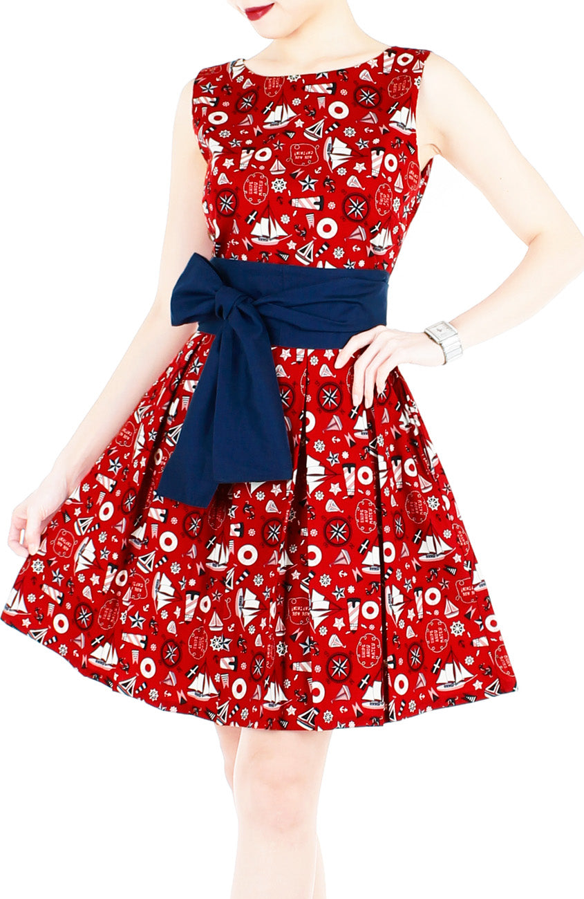 Saint Sailorette Flare Dress with Obi Belt - Red