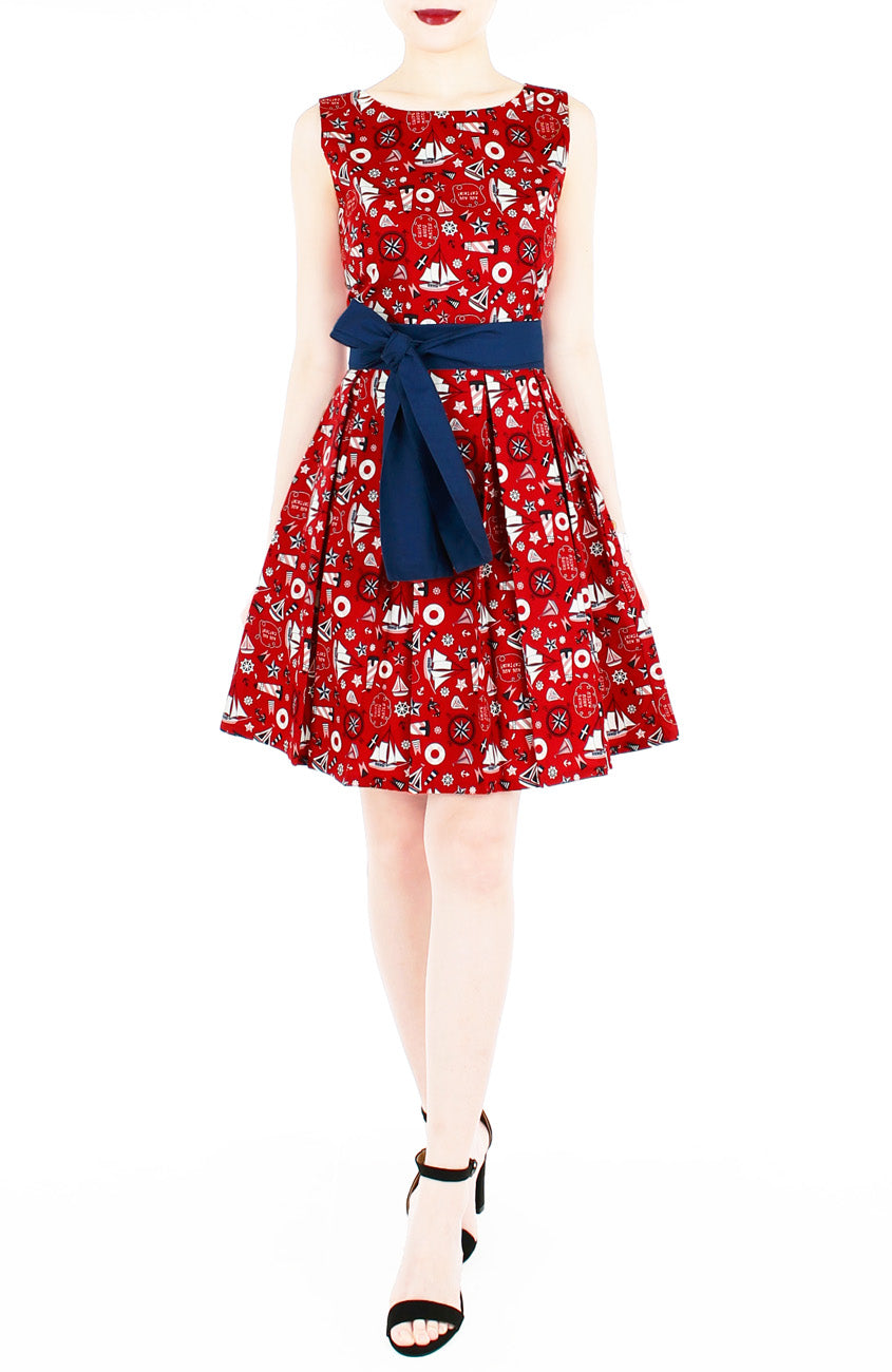 Saint Sailorette Flare Dress with Obi Belt - Red