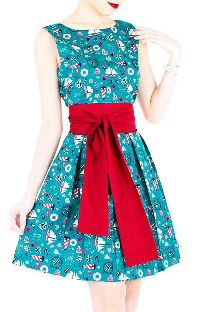 Saint Sailorette Flare Dress with Obi Belt - Turquoise